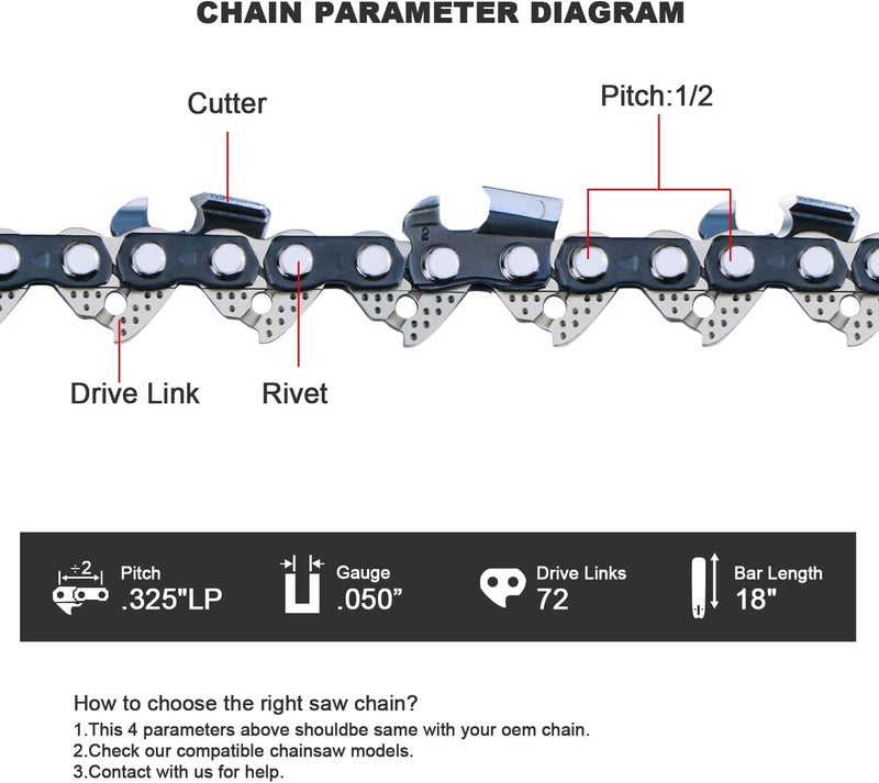 V-MODEST 3-Pack 18 Inch Chainsaw Chain 72 Drive Links .325" Pitch .050" Gauge Full Chisel Low Vibration Saw Chain Blade Fit Husqvarna 440 440E 445 41 350 435 450 545 550 XP, Replacement H30 and Oregon H72 M72 - Image 3